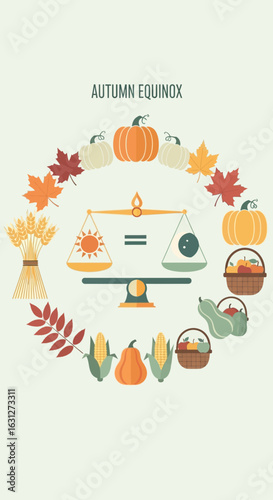 A symbolic arrangement of autumn equinox icons, showing the balance of day and night with a collection of harvest foods.