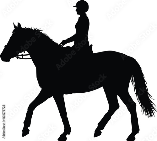 Silhouette of horse rider in motion, equestrian helmet, black and white contrast, horseback riding, dynamic pose, minimalist animal art