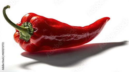 Bright red chili pepper, whole, lying on a white surface,  showing a pronounced shadow