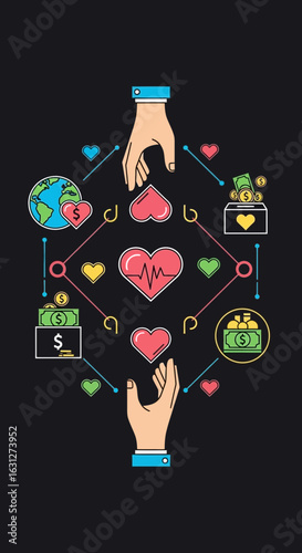 Generous hands exchange hearts and money, symbolizing global charity, healthcare support, and successful fundraising initiatives for a better world.