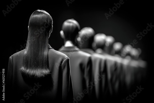 Black and white view of a fashion show, models' backs