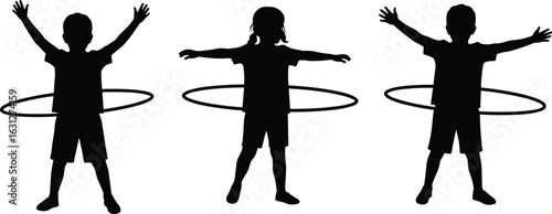 Silhouette children playing with hula hoops, outdoor fun, active kids exercise, childhood joy, fitness activity, summer recreation, playful movement