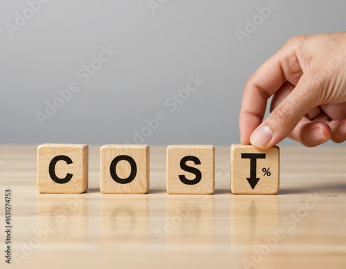 Wooden blocks spelling 'COST' with a hand placing a down arrow symbol on a light wooden table.