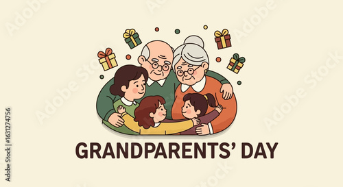 Joyful family embracing grandparents on Grandparents' Day, celebrating love and appreciation with gifts, creating heartwarming moments.
