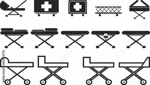 Illustration showing several types of medical gurneys and stretchers in a black and white style silhouette