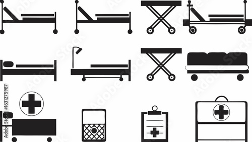 Illustration of various medical equipment including beds stretchers and a first aid kit in black and white silhouette