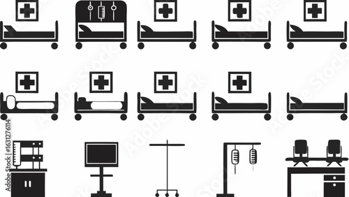 Illustration showing multiple hospital beds and medical equipment in black and white minimalist style art silhouette