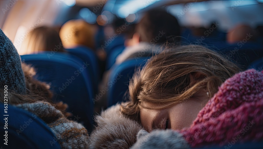 Fototapeta premium Airplane passenger asleep, blurred background