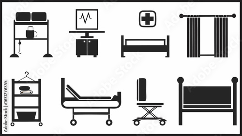 Illustration of hospital room equipment including bed monitor curtain and medical furniture items shown silhouette