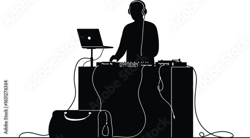 Silhouette of DJ with headphones, laptop, mixer, cables, booth setup, music performance, electronic gear, nightlife, party, entertainment scene