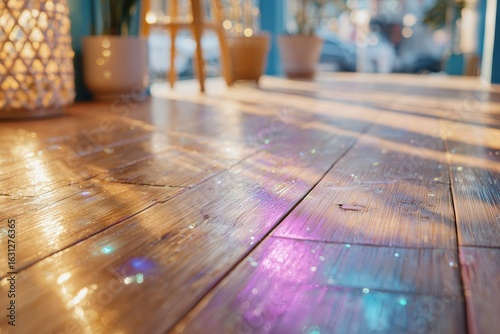 Sunlight Filtering Through a Bright Room Highlighting Colorful Reflective Patterns on Wooden Flooring Creating a Warm and Inviting Atmosphere in an Indoor Space