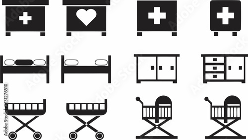 Illustration of furniture icons including beds cabinets and cribs in a black and white color scheme silhouette