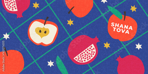 Rosh Hashana, Rosh Hashanah, Jewish New Year greeting card, cover, holiday web banner, poster. Hand drawn illustration design template with apple and pomegranate pattern in trendy modern art style