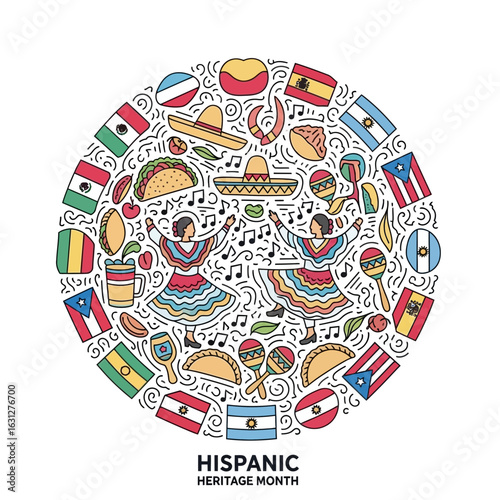 Colorful Line Art Hispanic Heritage Month Celebration with Flags and Traditional Elements