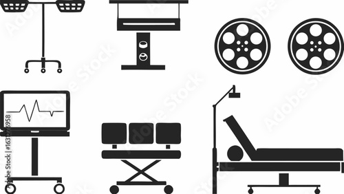 Illustration of medical equipment including a heart monitor, surgical lights, and a hospital bed on white silhouette
