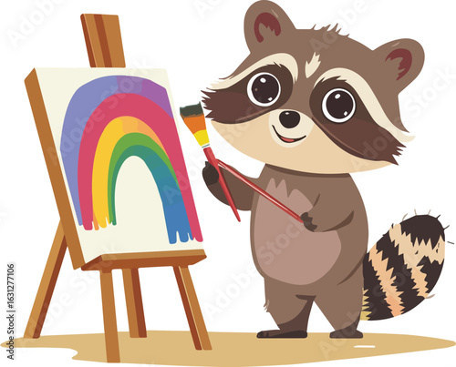 Cute Raccoon Artist Painting Rainbow on Canvas Vector Illustration Isolated on White Background Perfect for Childrens Book Illustrations Greeting Cards Nursery