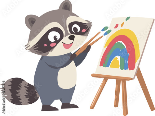 Cute raccoon artist painting rainbow on canvas vector illustration isolated on white background perfect for kids book illustrations children designs prints