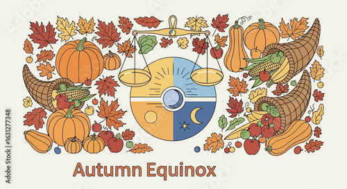 Handdrawn Harvest Autumn Equinox Celebration with Pumpkins and Cornucopia Illustration
