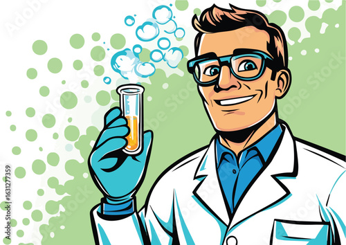Scientist holding test tube with chemical liquid pop art comics style vector illustration