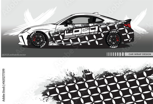 illuastration vector of Car Wrap abstract pattern design. Livery decal car vector with white black color. Full body car sticker suitable for racing, rally and daily use