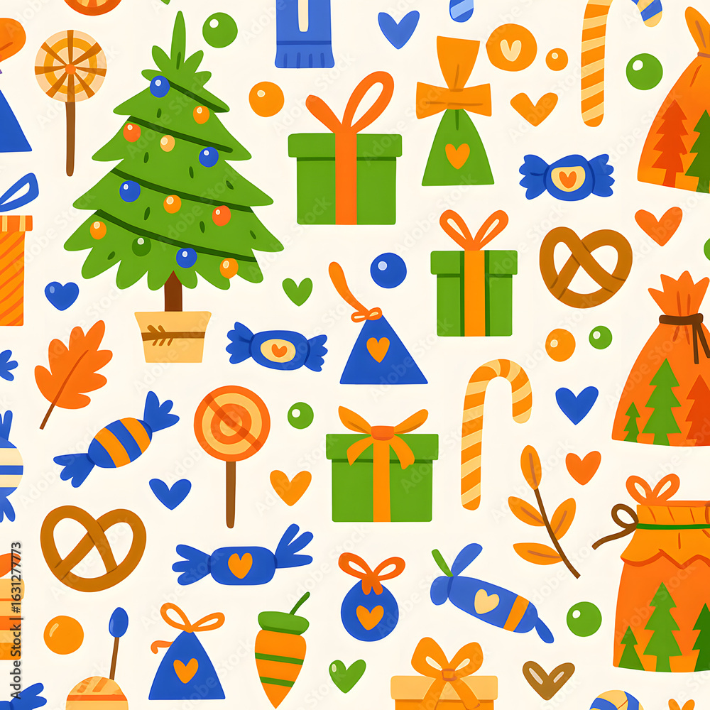 Naklejka premium Christmas Gift and Holiday Elements Seamless Pattern 