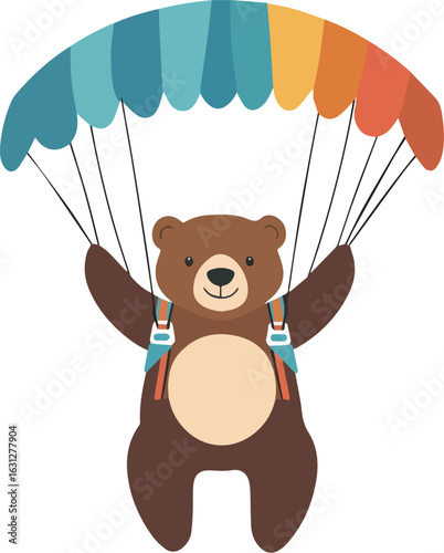 Cute brown bear paragliding with colorful parachute vector illustration isolated on white background design element for kids products posters banners prints