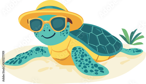 Cute turtle in sunglasses and hat sunbathing on the beach vector illustration for summer design isolated on white background concept for print web design banner