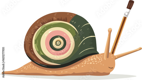 Cute snail with paintbrush on its back vector illustration isolated on white background concept for print web design banner poster sticker card and textile