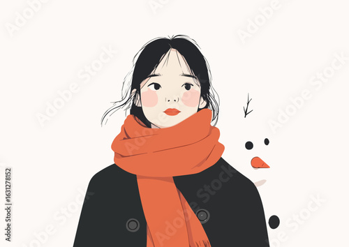 Winter portrait of a young woman wearing a warm scarf and coat with a partial snowman in the background vector illustration for winter greeting cards social