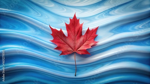 A single vibrant red autumn leaf rests gently upon a flowing, cool blue abstract background, creating a striking contrast of color and texture.