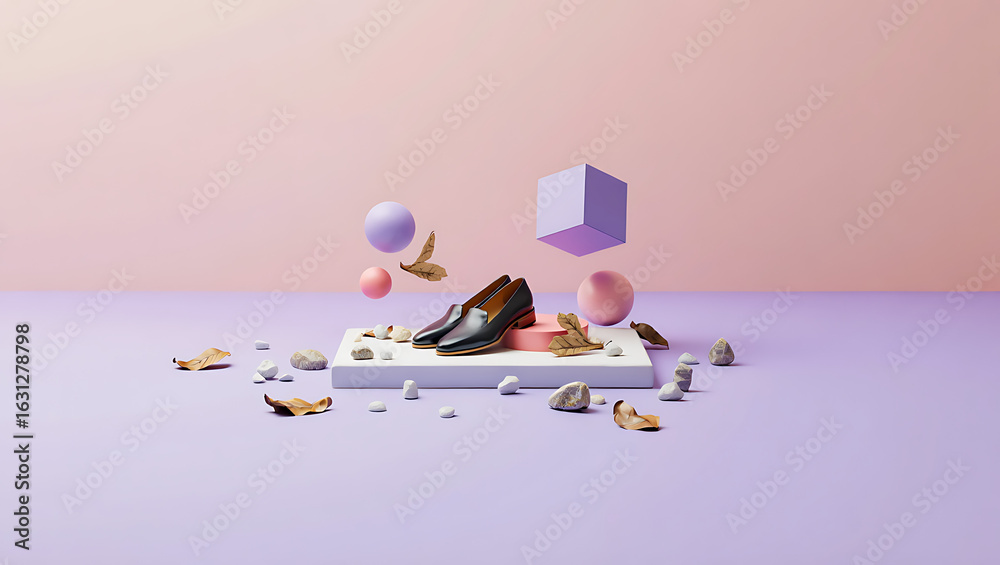 Fototapeta premium Surreal still life with floating geometric shapes and objects