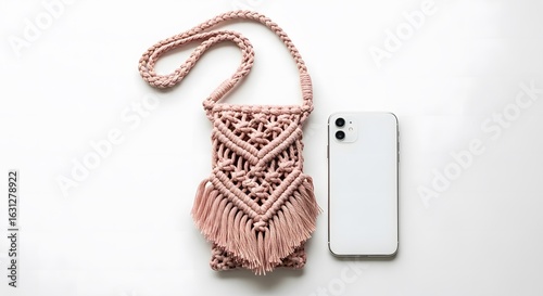 Pink macrame phone bag with strap isolated on white background