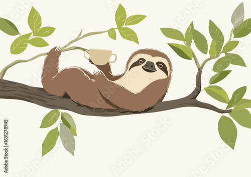 Cute smiling sloth lying on tree branch and drinking tea or coffee from cup vector illustration isolated on light background concept for childrens book poster