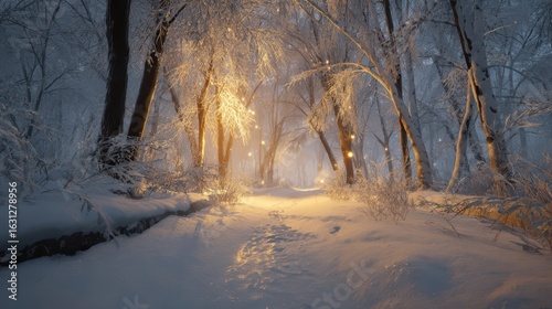 Snowy forest path at night illuminated by warm light.
