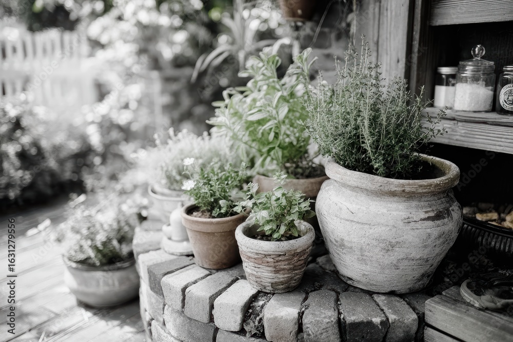 Obraz premium Tranquil Garden Scene Featuring Various Potted Herbs and Greenery on Stone Steps with Soft Natural Light Creating a Calm and Inviting Atmosphere