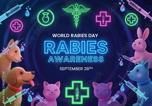 Playful Cartoon Rabies Awareness Illustration with Pets, Syringes and Neon Signs