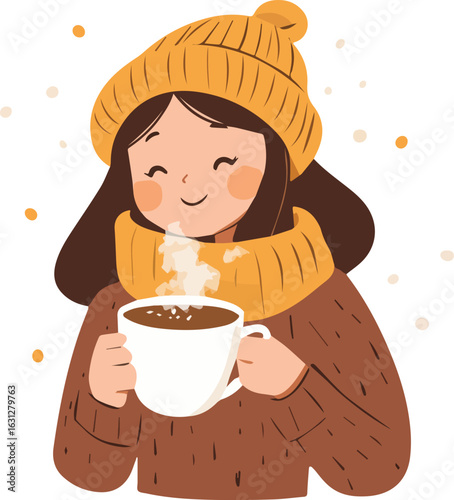 Happy girl in warm clothes drinking hot coffee or chocolate vector illustration isolated on white background perfect for autumn and winter design projects