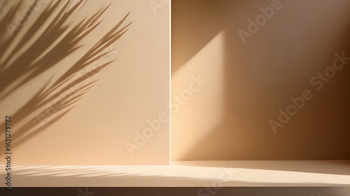 Artistic palm shadow on clean cream-colored wall. Soft natural lighting and minimal tone.