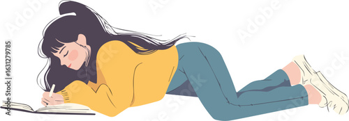 Young woman writing in notebook lying on stomach vector illustration isolated on white background concepts for education freelance student preparing for exam