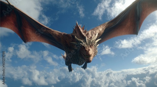 A fierce ancient dragon flies through the air.	