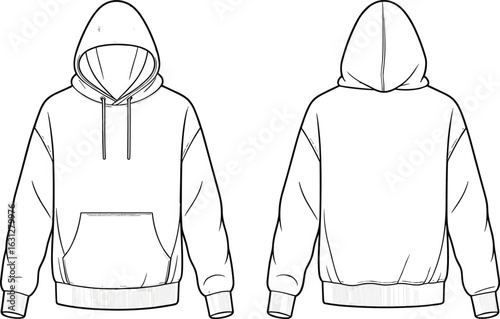 Blank hoodie template front and back view, unisex hooded sweatshirt mockup, apparel design template, fashion sketch, clothing vector layout