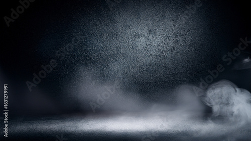 Moody fog drifting over dark blue-gray grunge wall texture. Ideal for cinematic design.