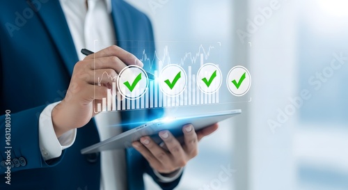 Business professional reviewing successful project completion with digital checkmarks