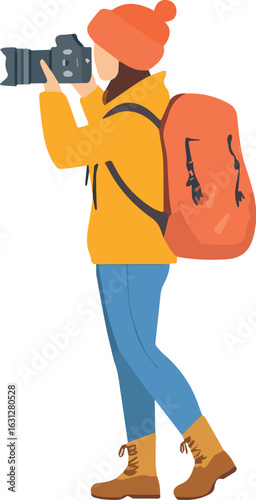 Female Photographer Hiking and Taking Photos Vector Illustration Isolated on White Background