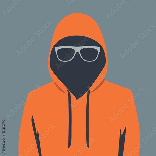 Hooded Person with Glasses Orange Hoodie and Dark Face Minimalist Vector Illustration on Gray Background