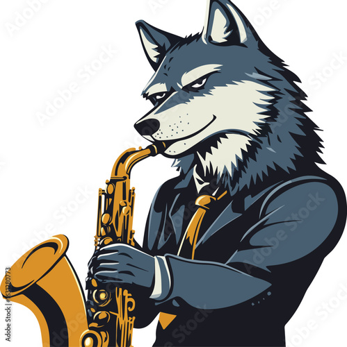 Cool Wolf Saxophone Player Jazz Musician Character Design Vector Illustration Isolated on White Background for Merchandise or Poster Design