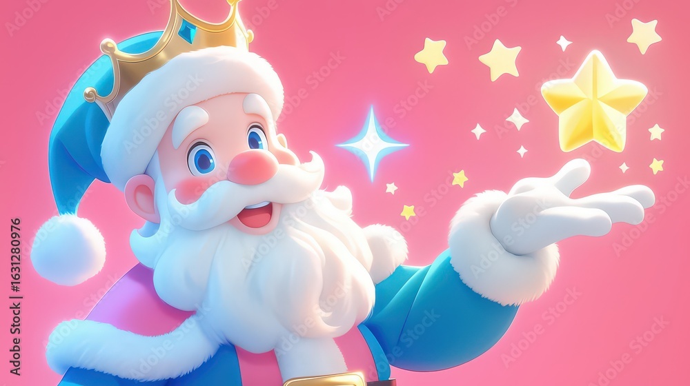 Fototapeta premium Adorable crowned white Santa Claus cartoon tiny gold