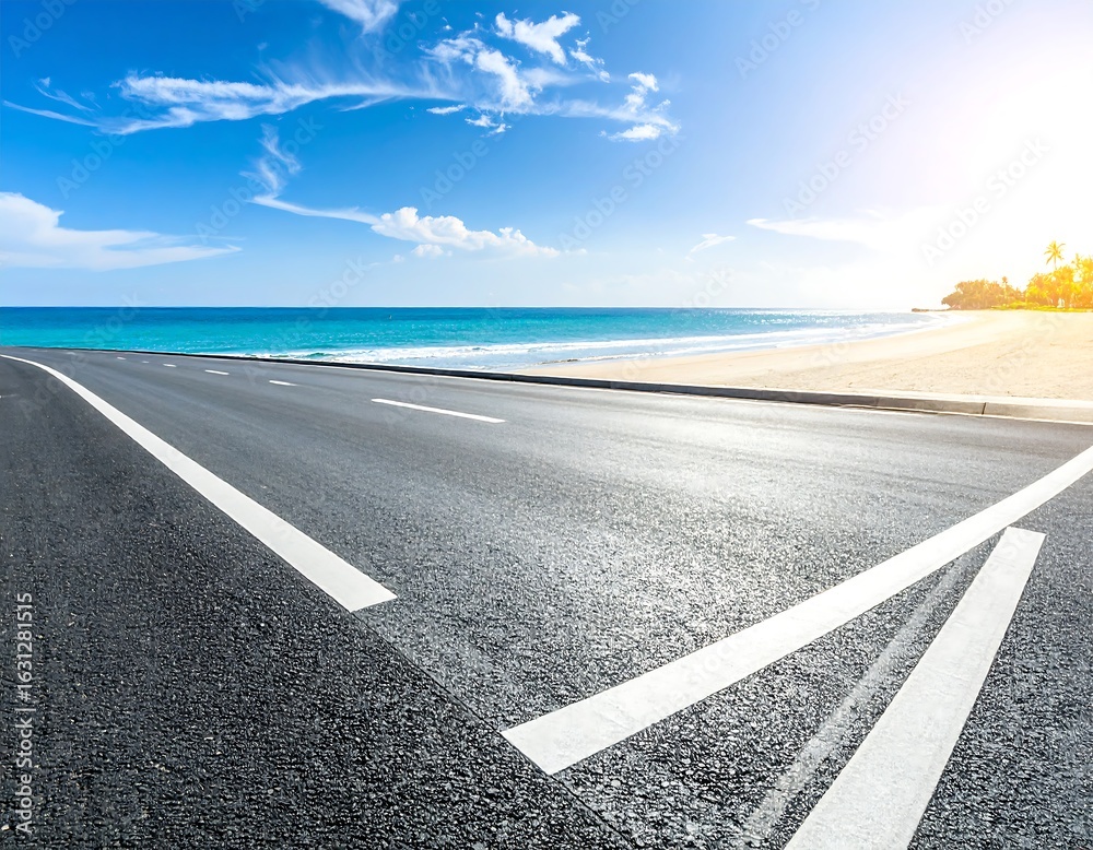 Fototapeta premium Empty asphalt road meets a beach