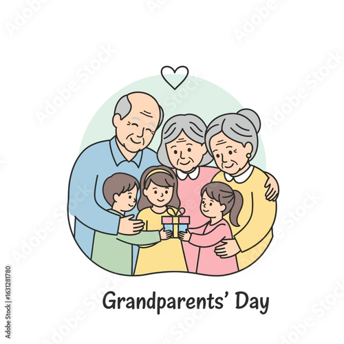 Simple Line Art Grandparents Day with Gift Illustration for Celebration Design
