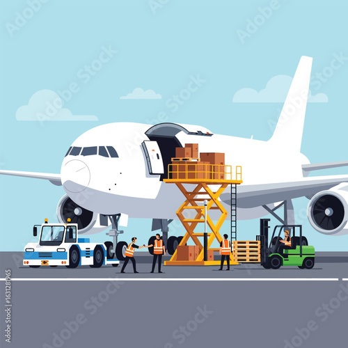 Airport ground crew loading cargo onto a large passenger airplane.